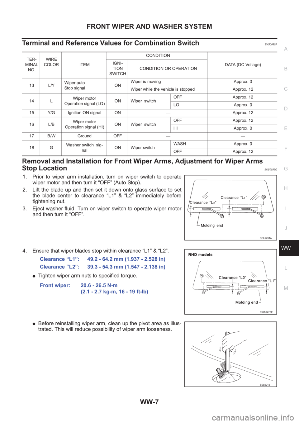 NISSAN X-TRAIL 2001  Service Repair Manual FRONT WIPER AND WASHER SYSTEM
WW-7
C
D
E
F
G
H
I
J
L
MA
B
WW
Terminal and Reference Values for Combination SwitchEKS0032P
Removal and Installation for Front Wiper Arms, Adjustment for Wiper Arms 
Stop