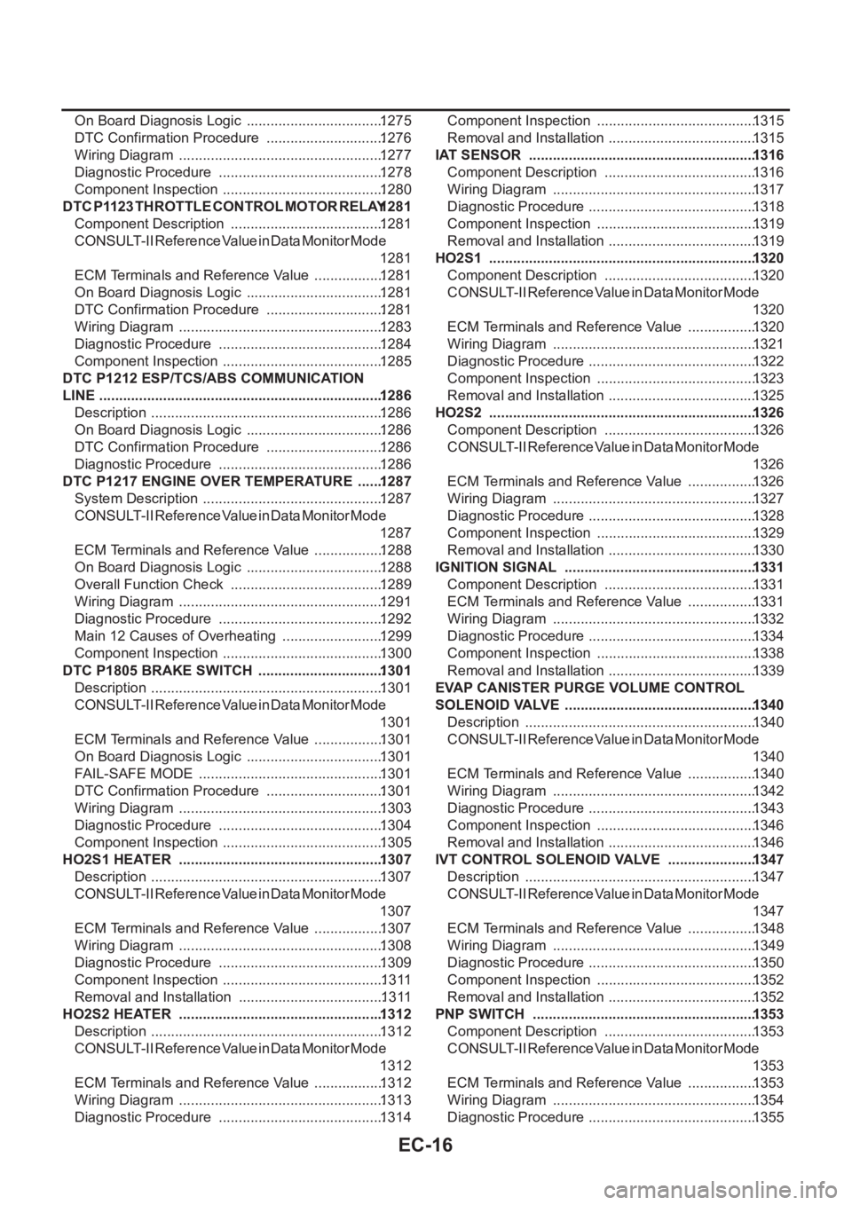 NISSAN X-TRAIL 2001  Service Repair Manual EC-16
On Board Diagnosis Logic  ...................................1275
DTC Confirmation Procedure  ..............................1276
Wiring Diagram  .................................................