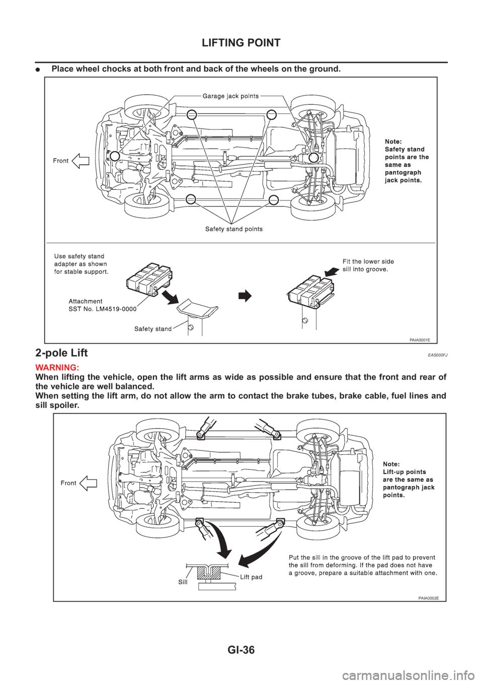 NISSAN X-TRAIL 2001  Service Repair Manual GI-36
LIFTING POINT
●Place wheel chocks at both front and back of the wheels on the ground.
2-pole Lift EAS000FJ
WARNING:
When lifting the vehicle, open the lift arms as wide as possible and ensure 