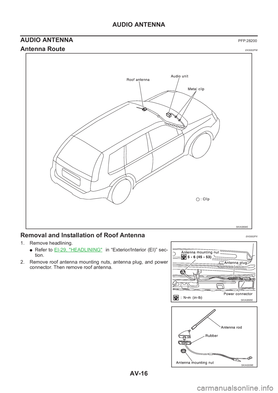 NISSAN X-TRAIL 2001  Service Repair Manual AV-16
AUDIO ANTENNA
AUDIO ANTENNA
PFP:28200
Antenna RouteEKS002PW
Removal and Installation of Roof AntennaEKS002PX
1. Remove headlining.
●Refer  to EI-29,  "HEADLINING"    in  “Exterior/In