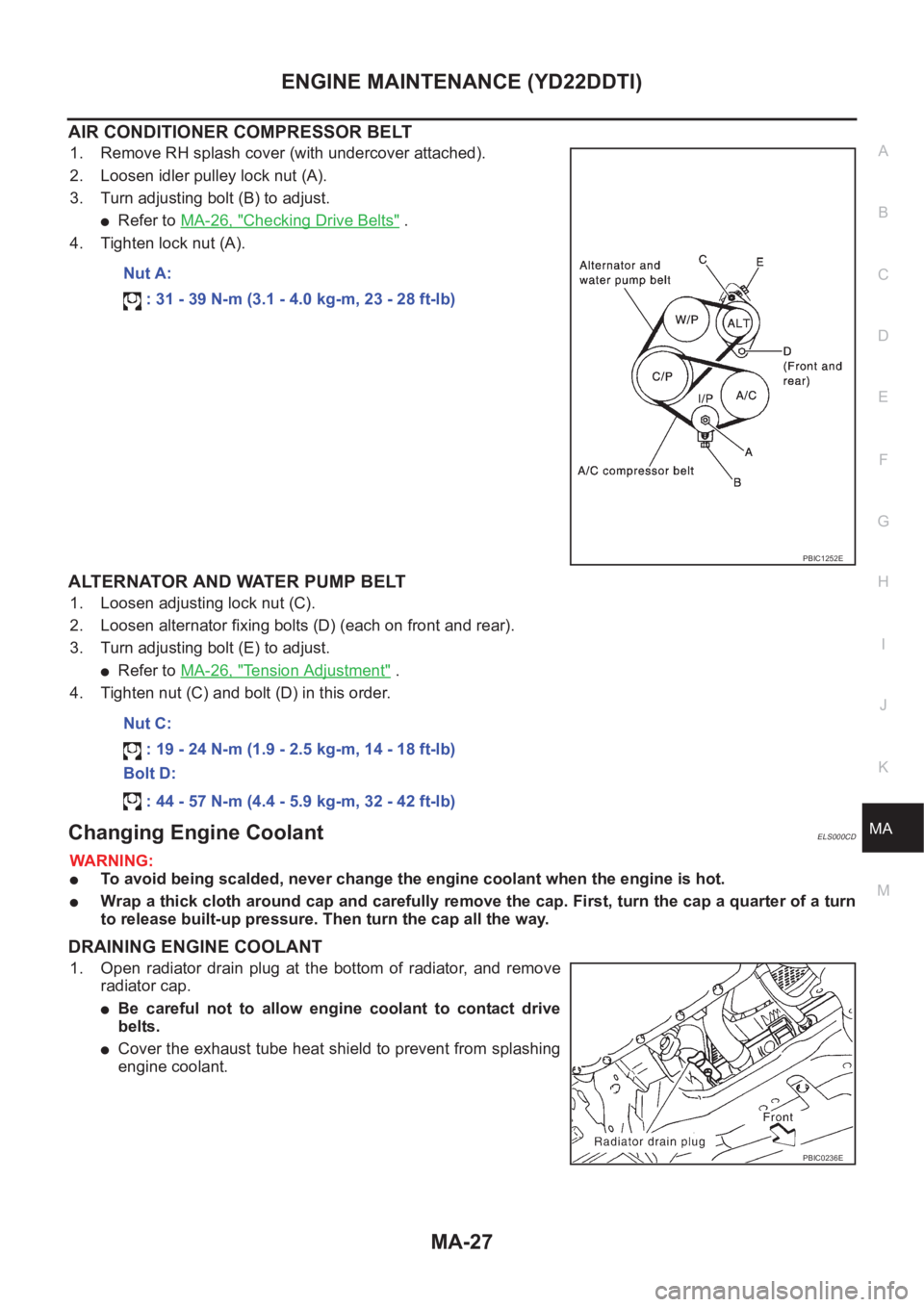 NISSAN X-TRAIL 2001  Service Repair Manual ENGINE MAINTENANCE (YD22DDTI)
MA-27
C
D
E
F
G
H
I
J
K
MA
B
MA
AIR CONDITIONER COMPRESSOR BELT
1. Remove RH splash cover (with undercover attached).
2. Loosen idler pulley lock nut (A).
3. Turn adjusti