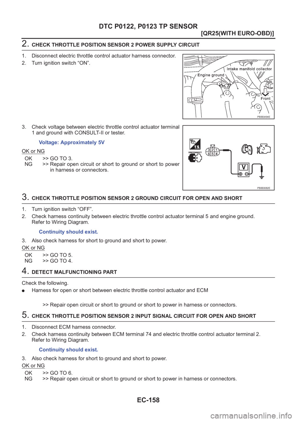 NISSAN X-TRAIL 2001  Service Repair Manual EC-158
[QR25(WITH EURO-OBD)]
DTC P0122, P0123 TP SENSOR
2. CHECK THROTTLE POSITION SENSOR 2 POWER SUPPLY CIRCUIT
1. Disconnect electric throttle control actuator harness connector.
2. Turn ignition sw