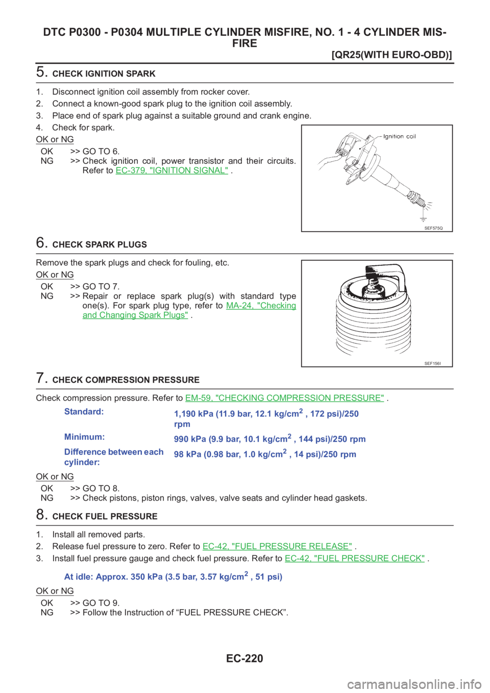 NISSAN X-TRAIL 2001  Service Repair Manual EC-220
[QR25(WITH EURO-OBD)]
DTC P0300 - P0304 MULTIPLE CYLINDER MISFIRE, NO. 1 - 4 CYLINDER MIS-
FIRE
5. CHECK IGNITION SPARK
1. Disconnect ignition coil assembly from rocker cover.
2. Connect a know