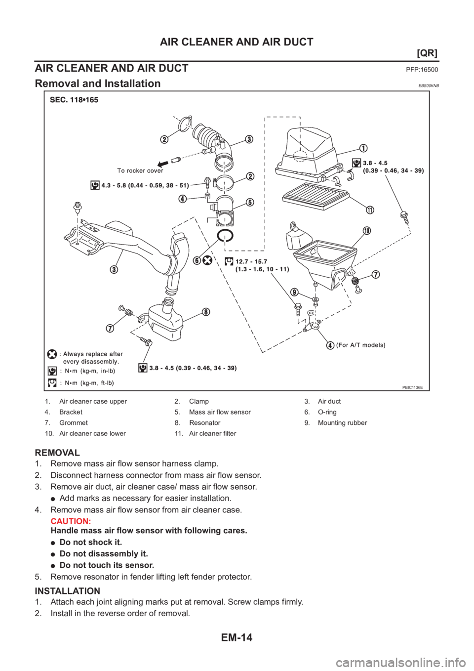 NISSAN X-TRAIL 2001  Service Repair Manual EM-14
[QR]
AIR CLEANER AND AIR DUCT
AIR CLEANER AND AIR DUCT
PFP:16500
Removal and InstallationEBS00KNB
REMOVAL
1. Remove mass air flow sensor harness clamp.
2. Disconnect harness connector from mass 