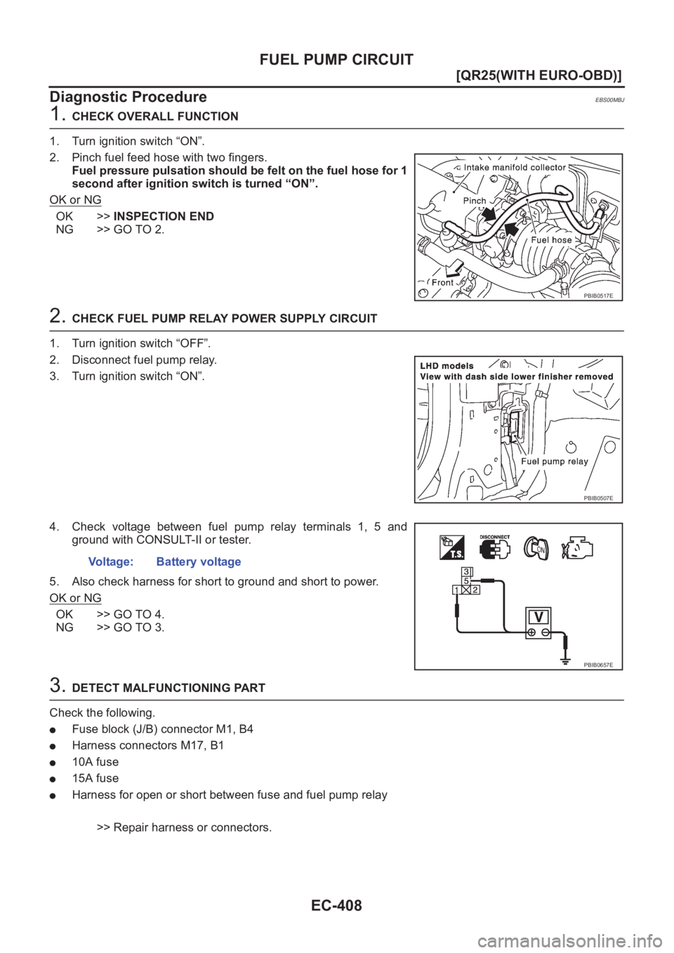 NISSAN X-TRAIL 2001  Service Repair Manual EC-408
[QR25(WITH EURO-OBD)]
FUEL PUMP CIRCUIT
Diagnostic Procedure
EBS00MBJ
1. CHECK OVERALL FUNCTION
1. Turn ignition switch “ON”.
2. Pinch fuel feed hose with two fingers.
Fuel pressure pulsati