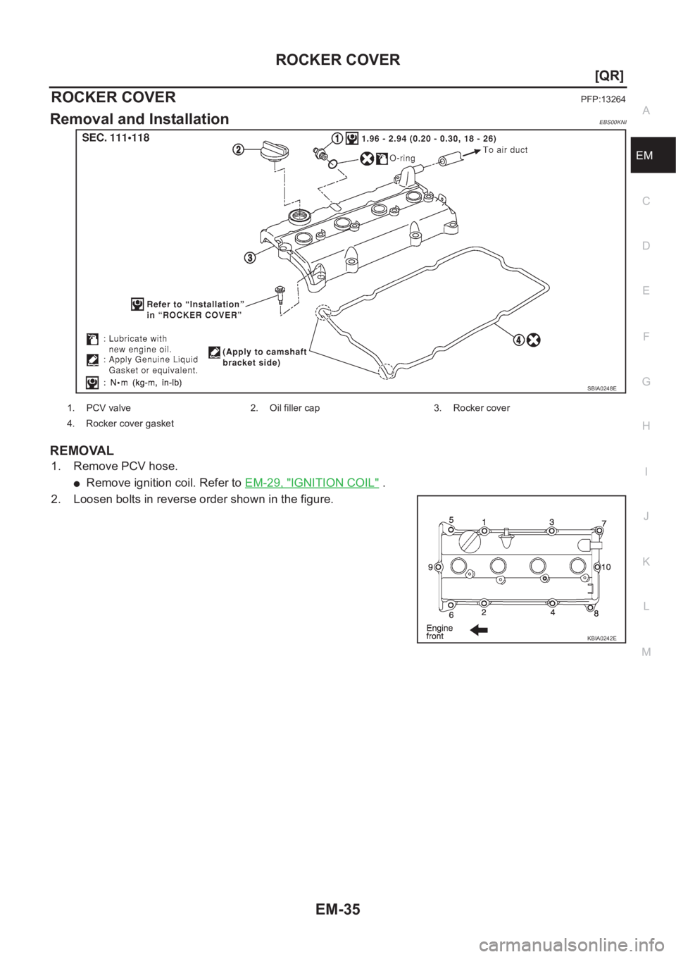 NISSAN X-TRAIL 2001  Service Repair Manual ROCKER COVER
EM-35
[QR]
C
D
E
F
G
H
I
J
K
L
MA
EM
ROCKER COVERPFP:13264
Removal and InstallationEBS00KNI
REMOVAL
1. Remove PCV hose.
●Remove ignition coil. Refer to EM-29, "IGNITION COIL" .
