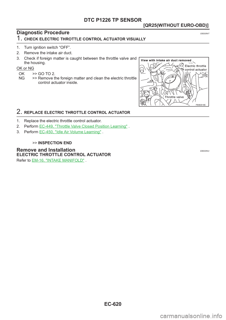 NISSAN X-TRAIL 2001  Service Repair Manual EC-620
[QR25(WITHOUT EURO-OBD)]
DTC P1226 TP SENSOR
Diagnostic Procedure
EBS00NIT
1. CHECK ELECTRIC THROTTLE CONTROL ACTUATOR VISUALLY
1. Turn ignition switch “OFF”.
2. Remove the intake air duct.