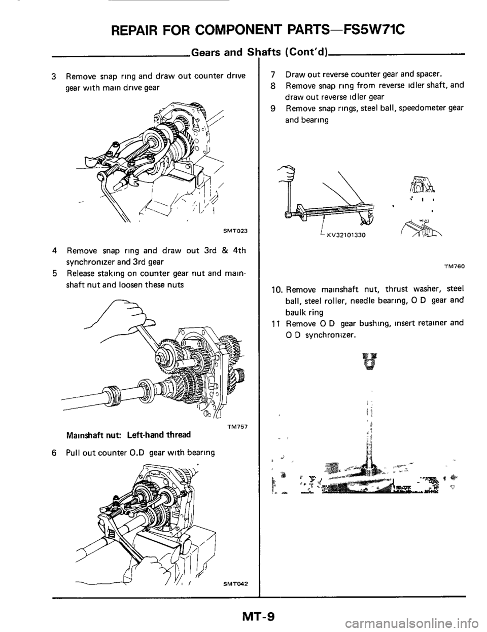 NISSAN 300ZX 1984 Z31 Manual Transmission Workshop Manual REPAIR FOR COMPONENT  PARTS-FS5W71C 
Gears and S 
3 Remove snap ring and  draw  out counter  drive 
gear  with  main drive  gear 
SMT023 
4 Remove  snap ring and  draw  out 3rd & 4th 
synchronizer  an