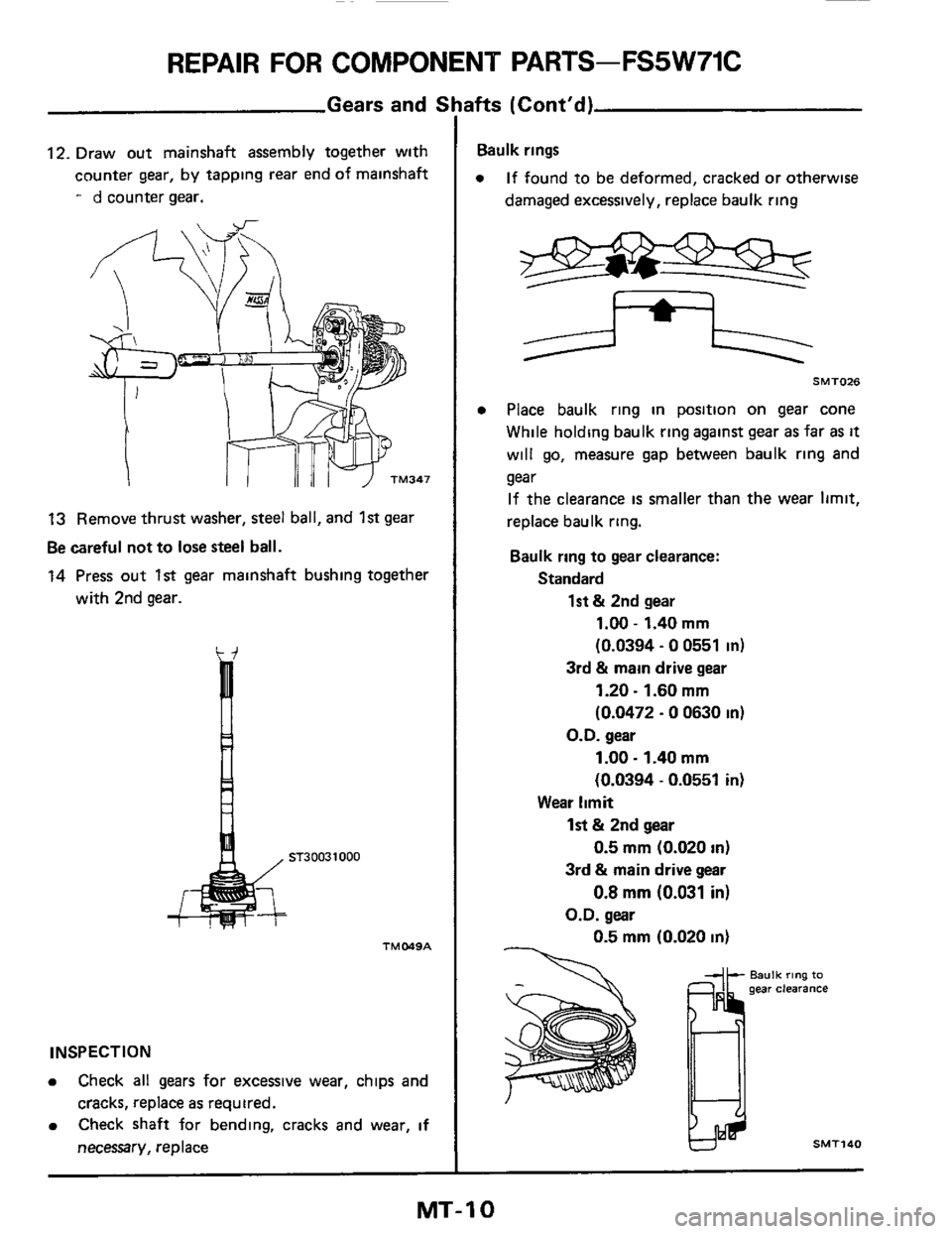 NISSAN 300ZX 1984 Z31 Manual Transmission Workshop Manual REPAIR FOR COMPONENT PARTS-FS5W71C
Gears and S
12. Draw out mainshaft assembly together with
counter gear, by tapping rear end of mainshaft
- d counter gear.
13 Remove thrust washer, steel NISSAN 300ZX 1984 Z31 Manual Transmission Workshop Manual REPAIR FOR COMPONENT PARTS-FS5W71C
Gears and S
12. Draw out mainshaft assembly together with
counter gear, by tapping rear end of mainshaft
- d counter gear.
13 Remove thrust washer, steel