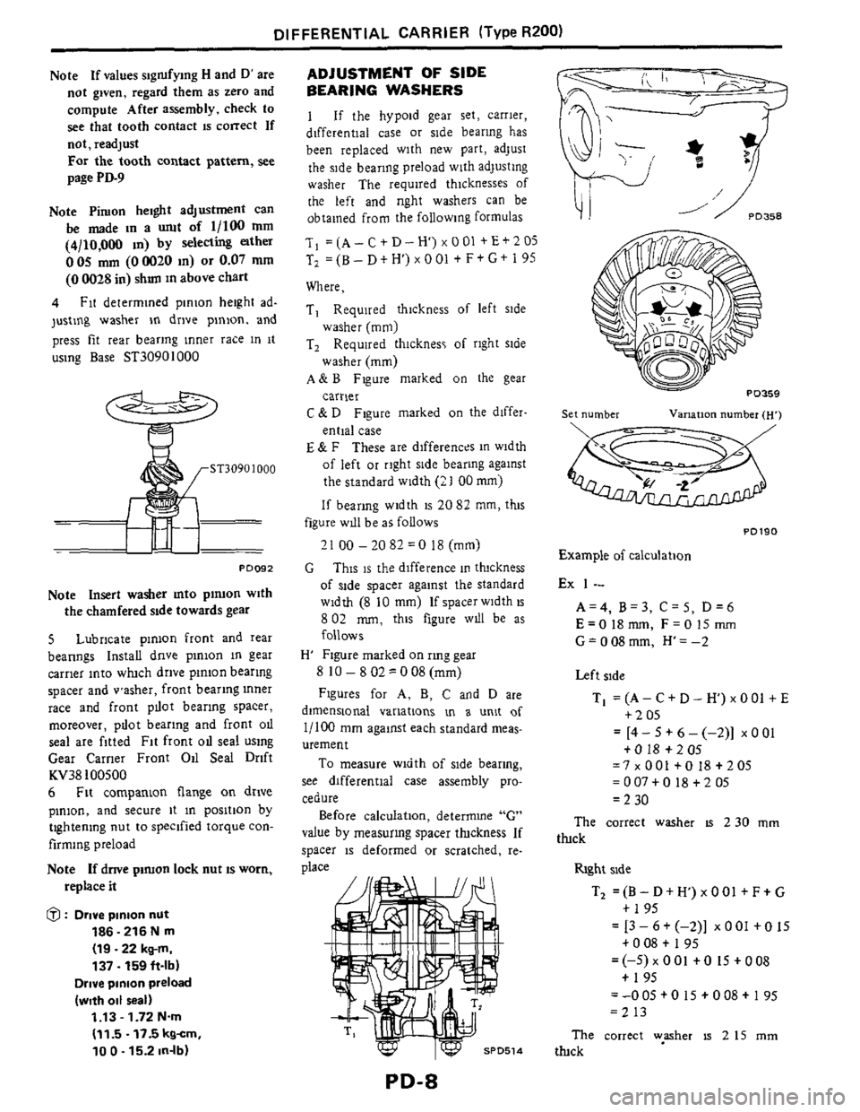 NISSAN 300ZX 1984 Z31 Propeller Shaft And Differential Carrier Workshop Manual DIFFERENTIAL CARRIER (Type R200)
Note If values sigrufying H and D are
not given, regard them as zero and
compute After assembly, check to
see that tooth contact
is correct If
not, NISSAN 300ZX 1984 Z31 Propeller Shaft And Differential Carrier Workshop Manual DIFFERENTIAL CARRIER (Type R200)
Note If values sigrufying H and D are
not given, regard them as zero and
compute After assembly, check to
see that tooth contact
is correct If
not,