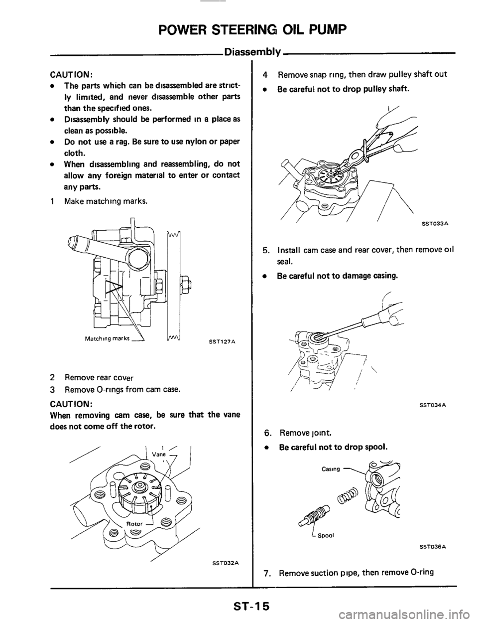 NISSAN 300ZX 1984 Z31 Steering System Workshop Manual POWER STEERING OIL PUMP 
Diassernbl y 
CAUTION: 
a The  parts which can be disassembled  are strict- 
ly limited,  and never  disassemble  other parts 
than  the specified  ones. 
Disassembly  should 
