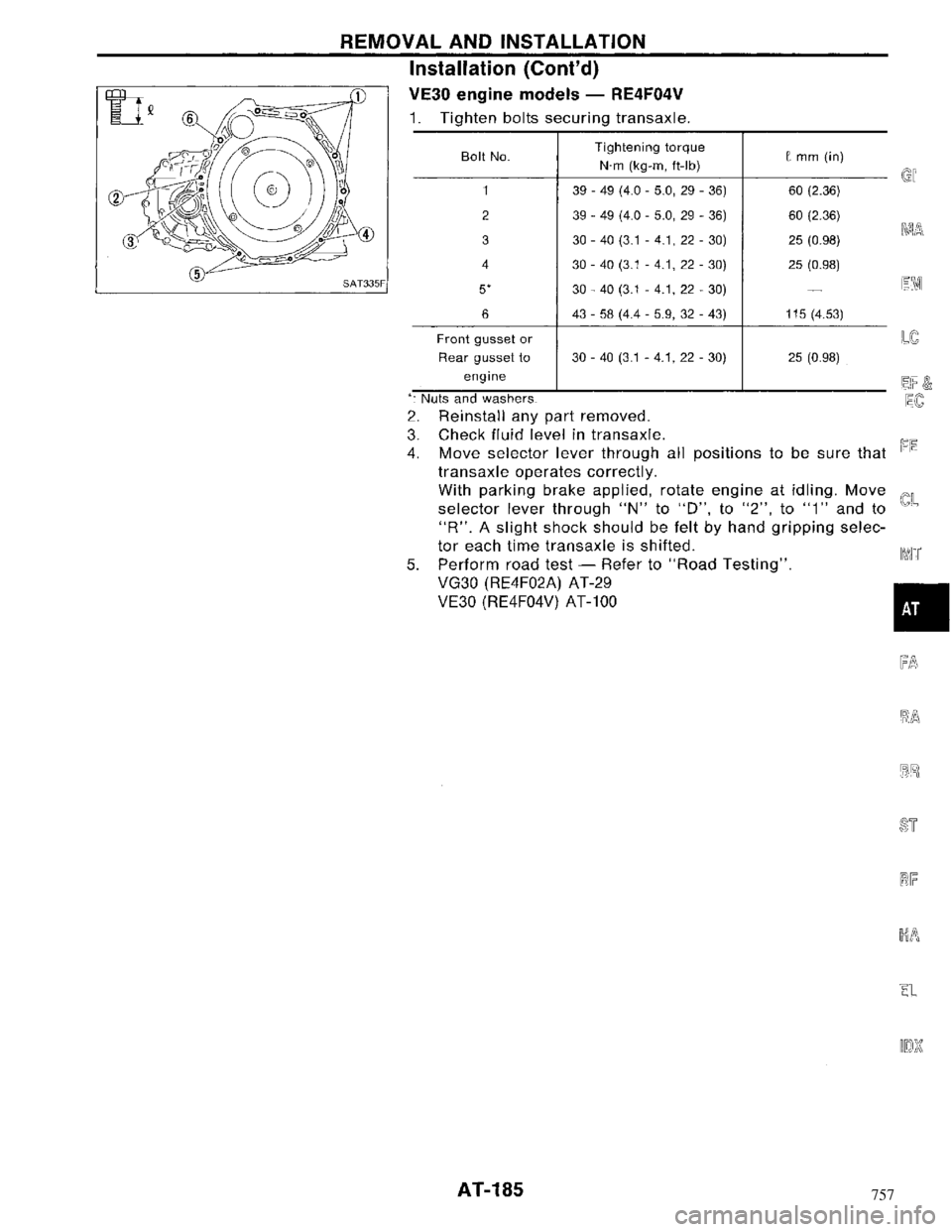 NISSAN MAXIMA 1994 A32 / 4.G Automatic Transaxle Workshop Manual 757 