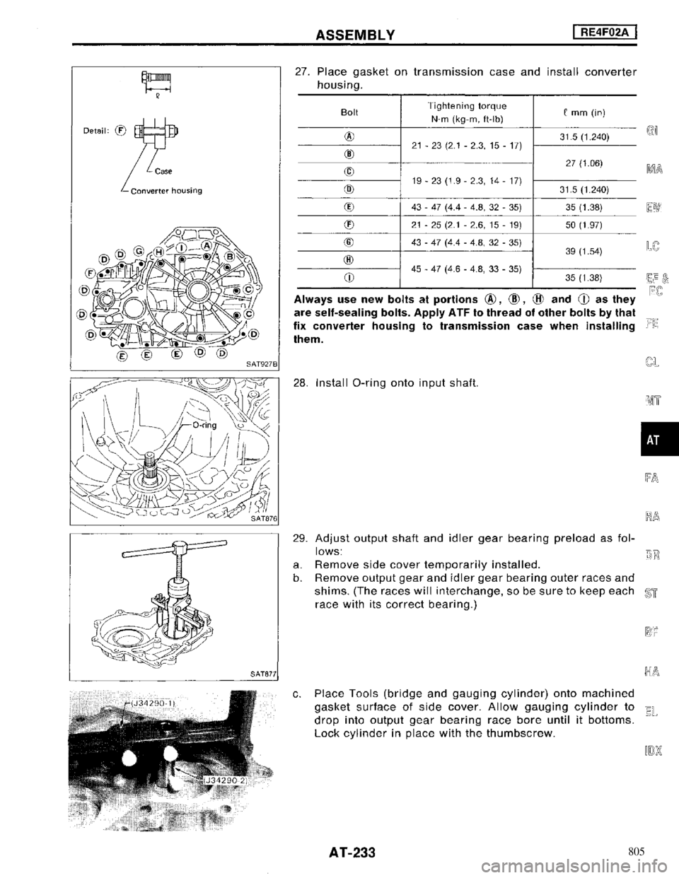 NISSAN MAXIMA 1994 A32 / 4.G Automatic Transaxle Workshop Manual 805 