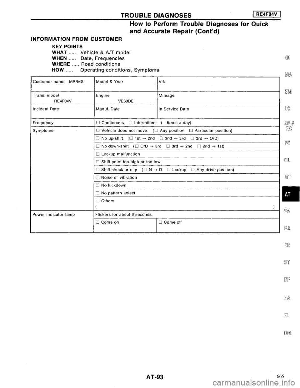 NISSAN MAXIMA 1994 A32 / 4.G Automatic Transaxle Workshop Manual 665 