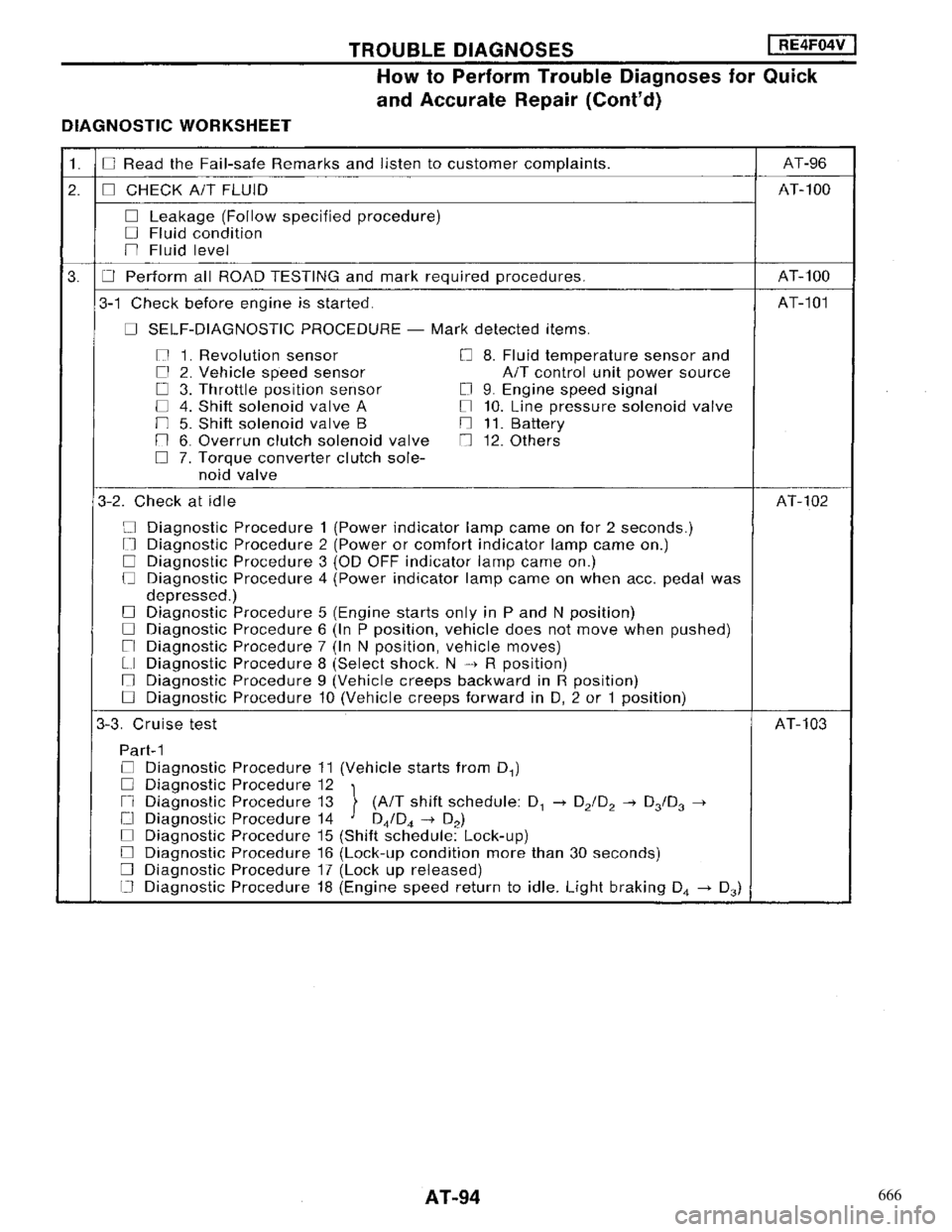 NISSAN MAXIMA 1994 A32 / 4.G Automatic Transaxle Workshop Manual 666 