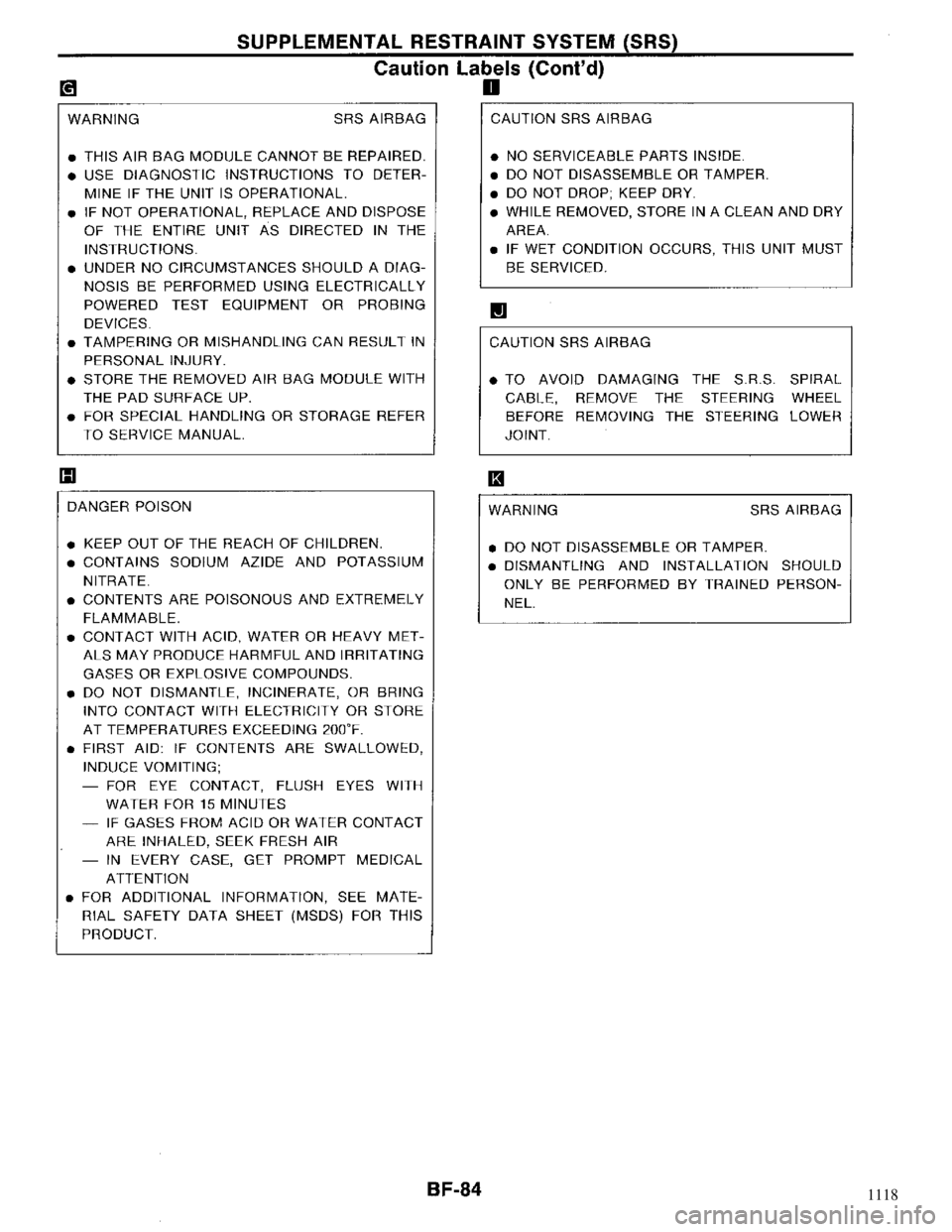 NISSAN MAXIMA 1994 A32 / 4.G Body Workshop Manual 1118 