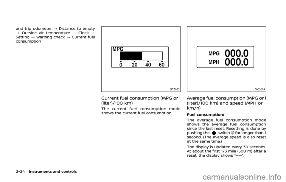 NISSAN 370Z COUPE 2019  Owners Manual 2-24Instruments and controls
and trip odometer?Distance to empty
? Outside air temperature ?Clock ?
Setting ?Warning check ?Current fuel
consumption
SIC3673
Current fuel consumption (MPG or l
(liter)/
