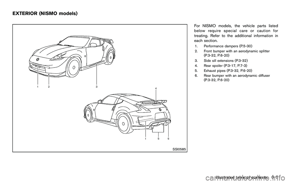 NISSAN 370Z COUPE 2012  Owners Manual SSI0585
For NISMO models, the vehicle parts listed
below require special care or caution for
treating. Refer to the additional information in
each section.
1. Performance dampers (P.5-30)
2. Front bum