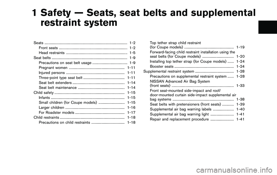 NISSAN 370Z COUPE 2012  Owners Manual 1 Safety — Seats, seat belts and supplementalrestraint system
Seats ........................................................................\
.................... 1-2
Front seats ...................