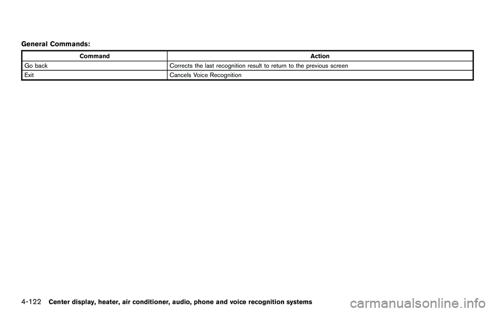 NISSAN 370Z COUPE 2012  Owners Manual 4-122Center display, heater, air conditioner, audio, phone and voice recognition systems
General Commands:
CommandAction
Go back Corrects the last recognition result to return to the previous screen
E