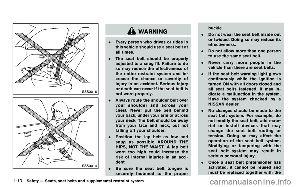 NISSAN 370Z COUPE 2012 Owners Manual 1-10Safety — Seats, seat belts and supplemental restraint system
SSS0016
SSS0014
WARNING
.Every person who drives or rides in
this vehicle should use a seat belt at
all times.
. The seat belt should NISSAN 370Z COUPE 2012 Owners Manual 1-10Safety — Seats, seat belts and supplemental restraint system
SSS0016
SSS0014
WARNING
.Every person who drives or rides in
this vehicle should use a seat belt at
all times.
. The seat belt should