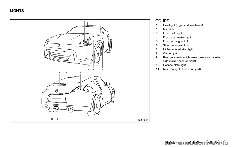 NISSAN 370Z COUPE 2012  Owners Manual SDI2351
COUPE
1. Headlight (high- and low-beam)
2. Map light
3. Front park light
4. Front side marker light
5. Front turn signal light
6. Side turn signal light
7. High-mounted stop light
8. Cargo lig
