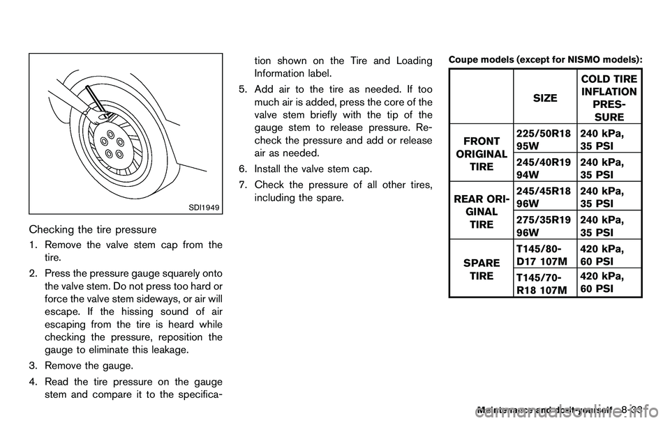 NISSAN 370Z COUPE 2012  Owners Manual SDI1949
Checking the tire pressure
1. Remove the valve stem cap from thetire.
2. Press the pressure gauge squarely onto the valve stem. Do not press too hard or
force the valve stem sideways, or air w