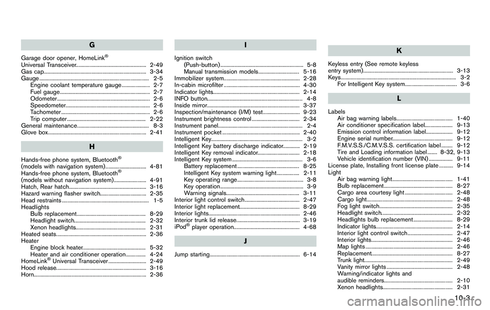 NISSAN 370Z COUPE 2012  Owners Manual G
Garage door opener, HomeLink®
Universal Transceiver.................................................. 2-49
Gas cap......................................................................... 3-34
Gaug