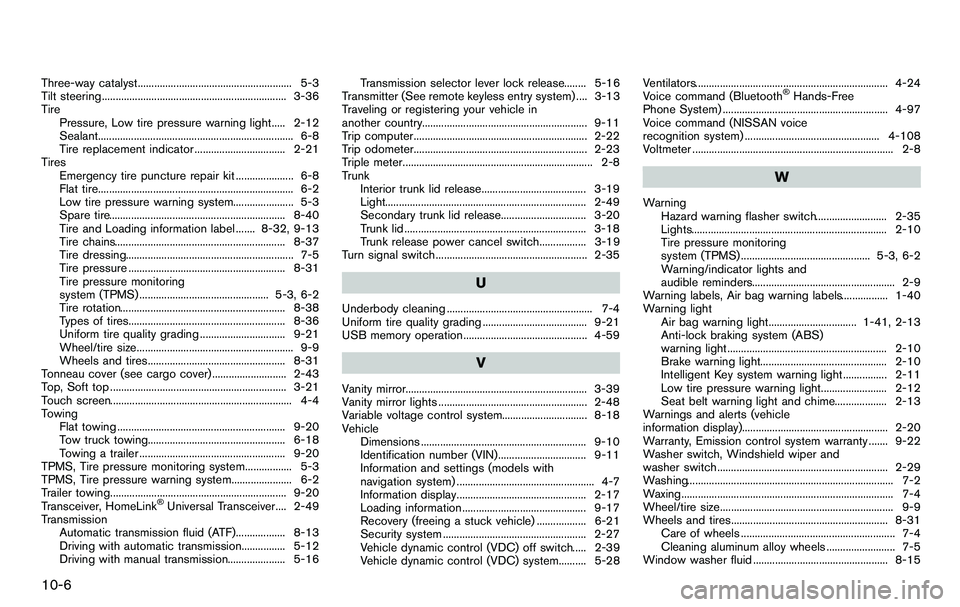 NISSAN 370Z COUPE 2012  Owners Manual 10-6
Three-way catalyst........................................................ 5-3
Tilt steering ................................................................... 3-36
TirePressure, Low tire pressu