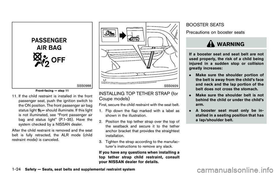 NISSAN 370Z COUPE 2012  Owners Manual 1-24Safety — Seats, seat belts and supplemental restraint system
SSS0988
Front-facing — step 11
11. If the child restraint is installed in the frontpassenger seat, push the ignition switch to
the 