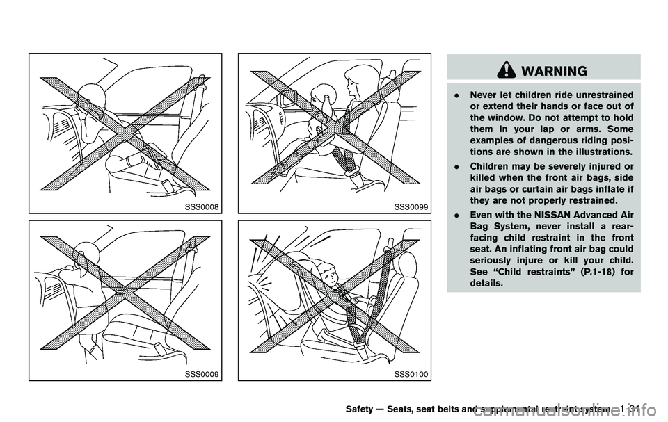 NISSAN 370Z COUPE 2012  Owners Manual SSS0008
SSS0009
SSS0099
SSS0100
WARNING
.Never let children ride unrestrained
or extend their hands or face out of
the window. Do not attempt to hold
them in your lap or arms. Some
examples of dangero