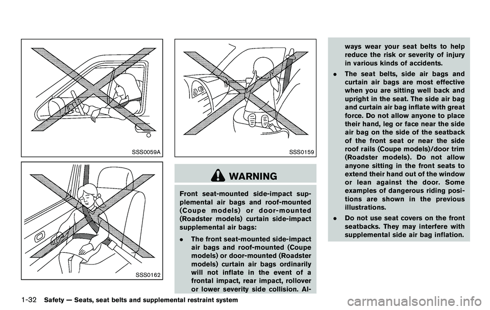 NISSAN 370Z COUPE 2012  Owners Manual 1-32Safety — Seats, seat belts and supplemental restraint system
SSS0059A
SSS0162
SSS0159
WARNING
Front seat-mounted side-impact sup-
plemental air bags and roof-mounted
(Coupe models) or door-mount