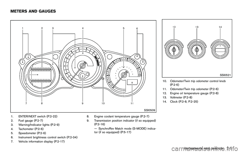 NISSAN 370Z COUPE 2012  Owners Manual SSI0509
1. ENTER/NEXT switch (P.2-22)
2. Fuel gauge (P.2-7)
3. Warning/Indicator lights (P.2-9)
4. Tachometer (P.2-6)
5. Speedometer (P.2-6)
6. Instrument brightness control switch (P.2-34)
7. Vehicle
