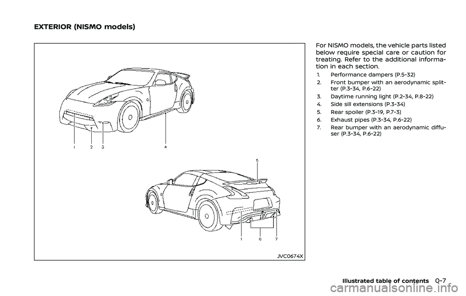 NISSAN 370Z COUPE 2018  Owners Manual JVC0674X
For NISMO models, the vehicle parts listed
below require special care or caution for
treating. Refer to the additional informa-
tion in each section.
1. Performance dampers (P.5-32)
2. Front 
