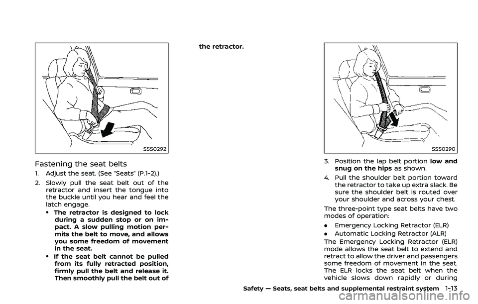 NISSAN 370Z COUPE 2018  Owners Manual SSS0292
Fastening the seat belts
1. Adjust the seat. (See “Seats” (P.1-2).)
2. Slowly pull the seat belt out of theretractor and insert the tongue into
the buckle until you hear and feel the
latch