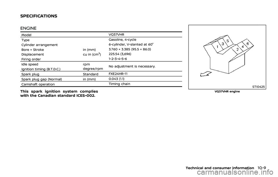 NISSAN 370Z COUPE 2018  Owners Manual ENGINE
ModelVQ37VHR
Type Gasoline, 4-cycle
Cylinder arrangement 6-cylinder, V-slanted at 60°
Bore × Stroke in (mm) 3.760 × 3.385 (95.5 × 86.0)
Displacement cu in (cm
3) 225.54 (3,696)
Firing order