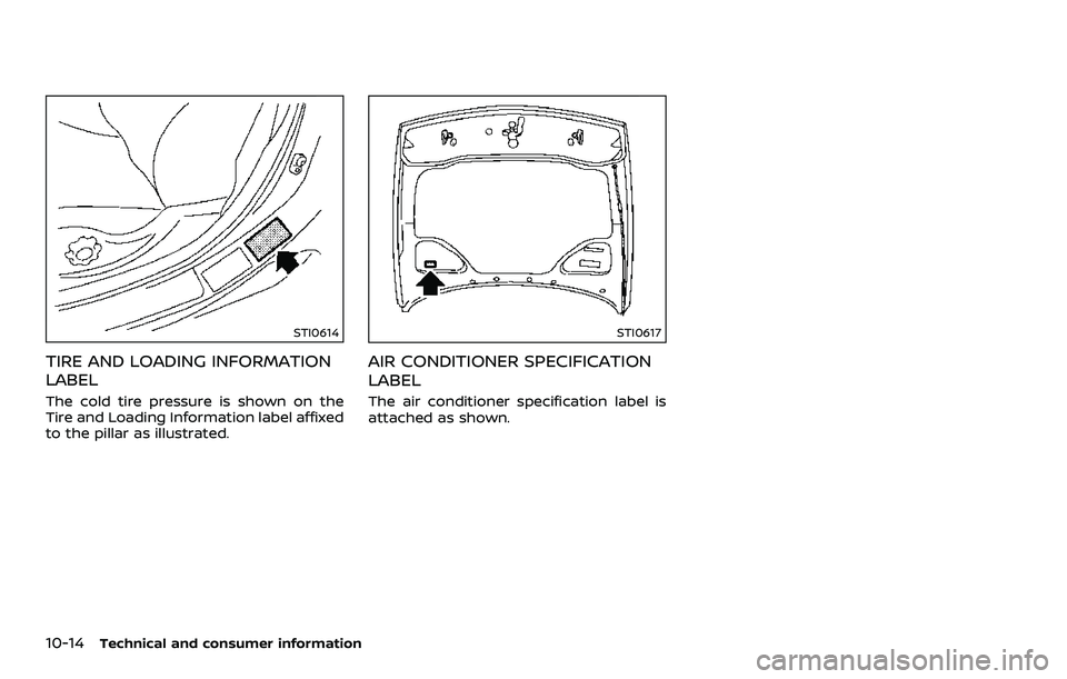 NISSAN 370Z COUPE 2018  Owners Manual 10-14Technical and consumer information
STI0614
TIRE AND LOADING INFORMATION
LABEL
The cold tire pressure is shown on the
Tire and Loading Information label affixed
to the pillar as illustrated.
STI06