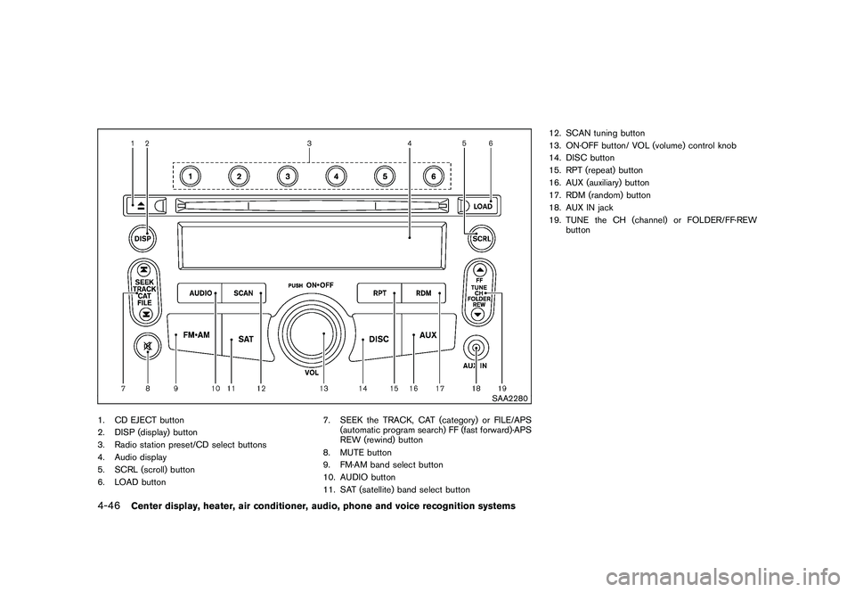 NISSAN 370Z COUPE 2011  Owners Manual Black plate (196,1)
Model "Z34-D" EDITED: 2010/ 7/ 27
SAA2280
1. CD EJECT button
2. DISP (display) button
3. Radio station preset/CD select buttons
4. Audio display
5. SCRL (scroll) button
6. LOAD but