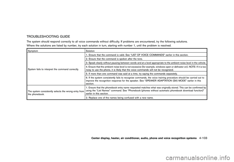 NISSAN 370Z COUPE 2011  Owners Manual Black plate (253,1)
Model "Z34-D" EDITED: 2010/ 7/ 27
TROUBLESHOOTING GUIDEThe system should respond correctly to all voice commands without difficulty. If problems are encountered, try the following 