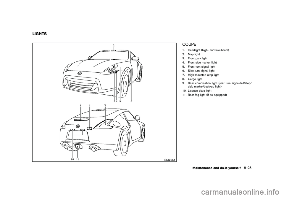 NISSAN 370Z COUPE 2011  Owners Manual Black plate (369,1)
Model "Z34-D" EDITED: 2010/ 7/ 27
SDI2351
COUPE1. Headlight (high- and low-beam)
2. Map light
3. Front park light
4. Front side marker light
5. Front turn signal light
6. Side turn