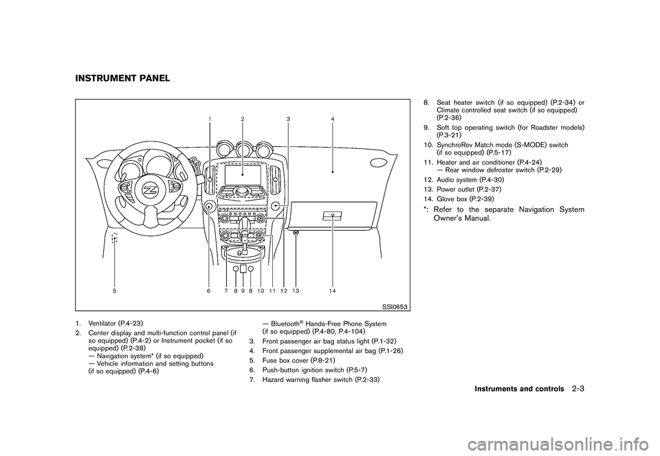 NISSAN 370Z COUPE 2011  Owners Manual Black plate (61,1)
Model "Z34-D" EDITED: 2010/ 7/ 27
SSI0653
1. Ventilator (P.4-23)
2. Center display and multi-function control panel (ifso equipped) (P.4-2) or Instrument pocket (if so
equipped) (P.