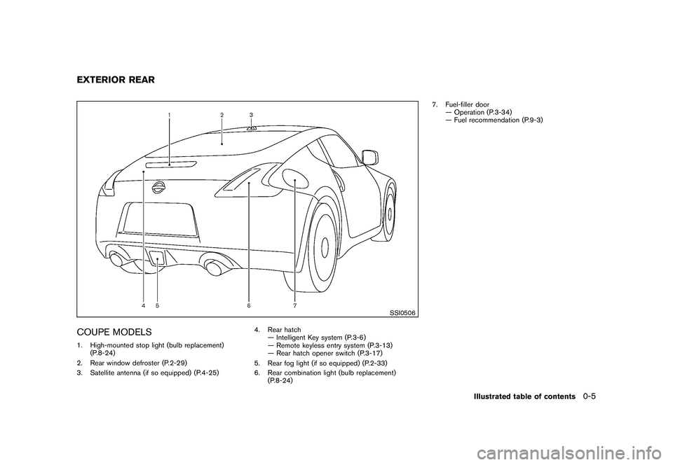 NISSAN 370Z COUPE 2010  Owners Manual Black plate (7,1)
Model "Z34-D" EDITED: 2009/ 9/ 10
SSI0506
COUPE MODELS1. High-mounted stop light (bulb replacement)(P.8-24)
2. Rear window defroster (P.2-29)
3. Satellite antenna (if so equipped) (P