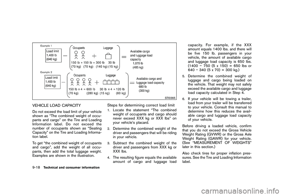 NISSAN 370Z COUPE 2010  Owners Manual Black plate (396,1)
Model "Z34-D" EDITED: 2009/ 9/ 10
STI0365
VEHICLE LOAD CAPACITYDo not exceed the load limit of your vehicle
shown as “The combined weight of occu-
pants and cargo” on the Tire 