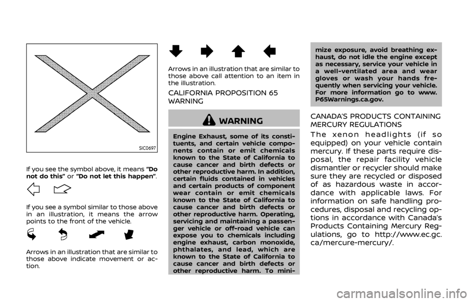 NISSAN 370Z ROADSTER 2019 Owners Manual SIC0697
If you see the symbol above, it means“Do
not do this” or“Do not let this happen”.
If you see a symbol similar to those above
in an illustration, it means the arrow
points to the front NISSAN 370Z ROADSTER 2019 Owners Manual SIC0697
If you see the symbol above, it means“Do
not do this” or“Do not let this happen”.
If you see a symbol similar to those above
in an illustration, it means the arrow
points to the front