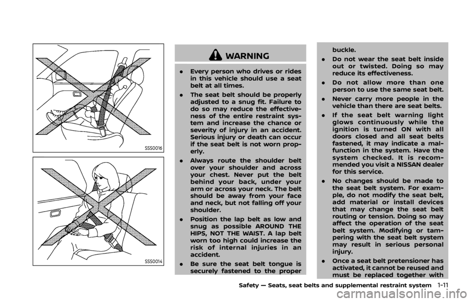 NISSAN 370Z ROADSTER 2019 Owners Manual SSS0016
SSS0014
WARNING
.Every person who drives or rides
in this vehicle should use a seat
belt at all times.
. The seat belt should be properly
adjusted to a snug fit. Failure to
do so may reduce th NISSAN 370Z ROADSTER 2019 Owners Manual SSS0016
SSS0014
WARNING
.Every person who drives or rides
in this vehicle should use a seat
belt at all times.
. The seat belt should be properly
adjusted to a snug fit. Failure to
do so may reduce th