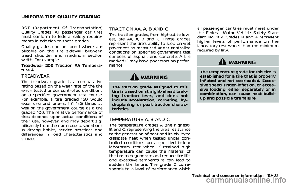 NISSAN 370Z ROADSTER 2018 Owners Manual DOT (Department Of Transportation)
Quality Grades: All passenger car tires
must conform to federal safety require-
ments in addition to these grades.
Quality grades can be found where ap-
plicable on NISSAN 370Z ROADSTER 2018 Owners Manual DOT (Department Of Transportation)
Quality Grades: All passenger car tires
must conform to federal safety require-
ments in addition to these grades.
Quality grades can be found where ap-
plicable on
