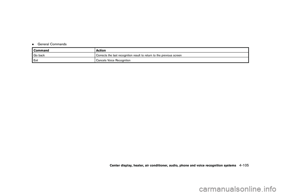 NISSAN 370Z ROADSTER 2010  Owners Manual Black plate (257,1)
Model "Z34-D" EDITED: 2009/ 9/ 10
.General CommandsCommand ActionGo back Corrects the last recognition result to return to the previous screen
Exit Cancels Voice Recognition
Center