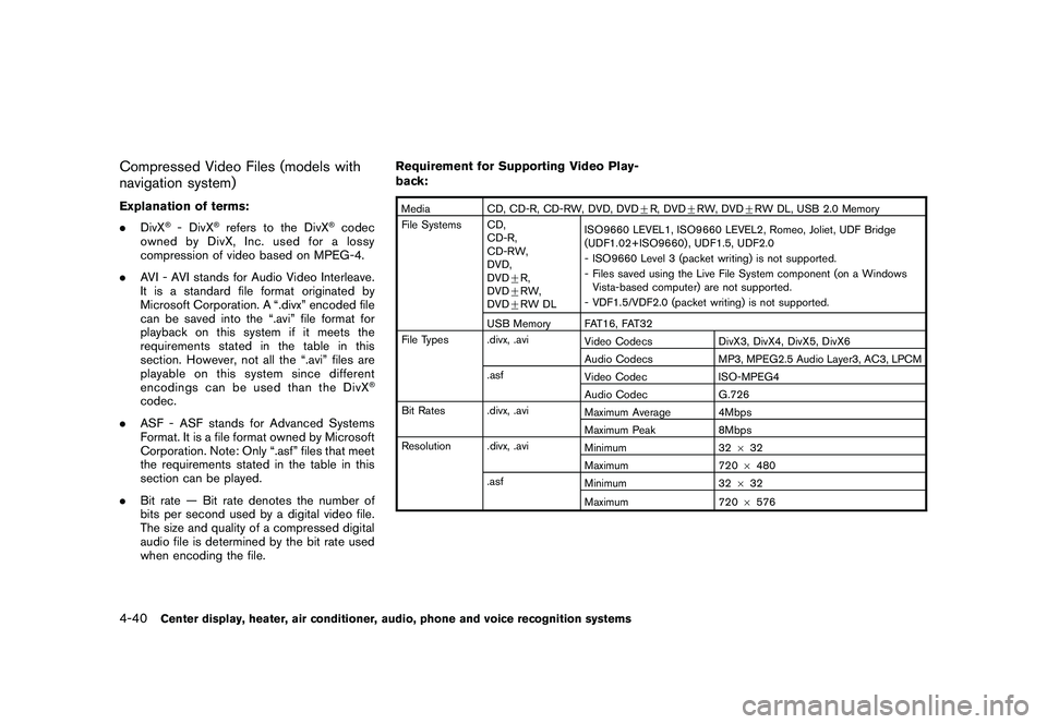 NISSAN 370Z ROADSTER 2011  Owners Manual Black plate (190,1)
Model "Z34-D" EDITED: 2010/ 7/ 27
Compressed Video Files (models with
navigation system)Explanation of terms:
.DivX
®- DivX
®refers to the DivX
®codec
owned by DivX, Inc. used f