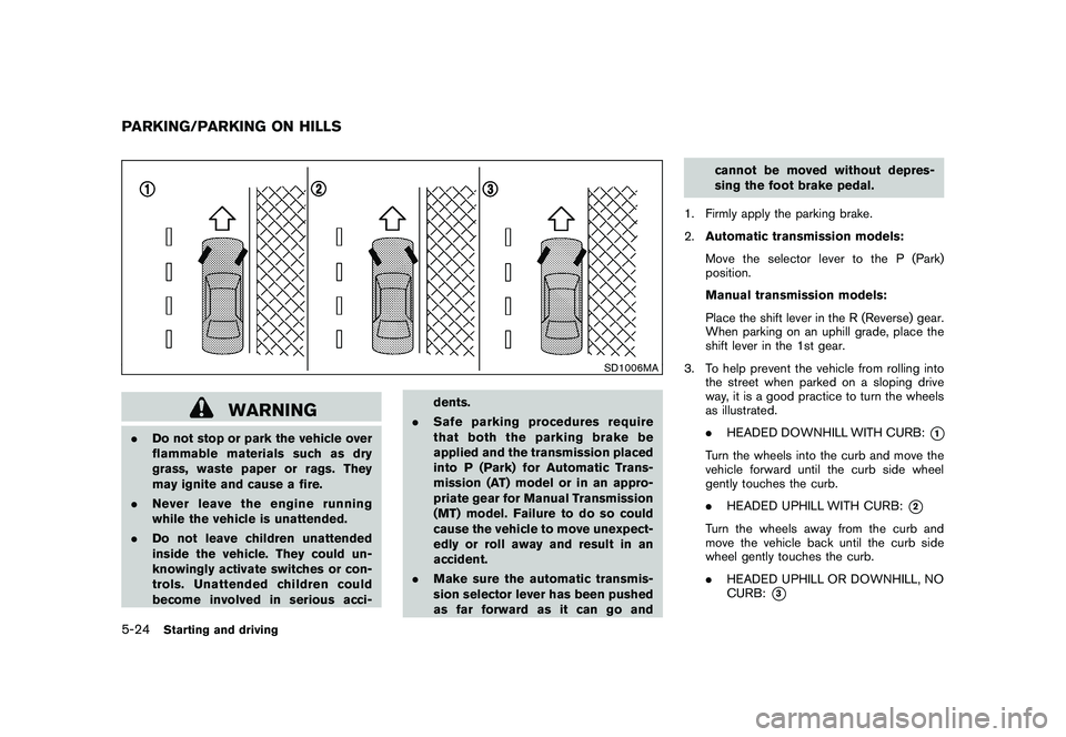 NISSAN 370Z ROADSTER 2011  Owners Manual Black plate (302,1)
Model "Z34-D" EDITED: 2010/ 7/ 27
SD1006MA
WARNING
.Do not stop or park the vehicle over
flammable materials such as dry
grass, waste paper or rags. They
may ignite and cause a fir