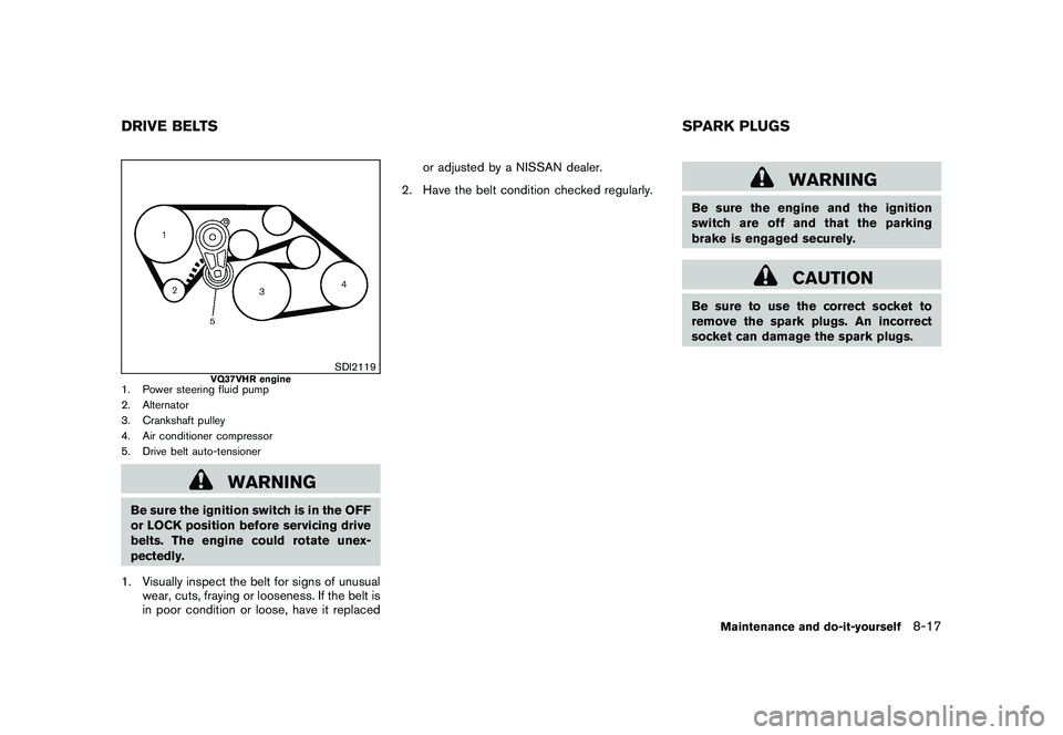 NISSAN 370Z ROADSTER 2011  Owners Manual Black plate (361,1)
Model "Z34-D" EDITED: 2010/ 7/ 27
SDI2119
VQ37VHR engine
1. Power steering fluid pump
2. Alternator
3. Crankshaft pulley
4. Air conditioner compressor
5. Drive belt auto-tensioner
